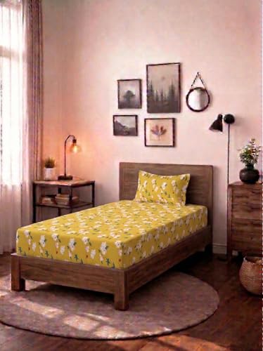 Image of HOMEKART (110 TC & 110 GSM 100% Cotton Feel Bedsheet for Single Bed with One King Size Pillow Covers Soft /Breathable Wrinkel Free -60x90 Inches - (Yello)