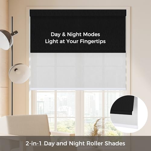 Allesin Zen Cordless Dual Roller Shades with Square Cassette, Double Layer Window Shades, Blackout and Light Filtering, Day and Night Blinds for Home Office Door, Black and White, 34" W X 72" H