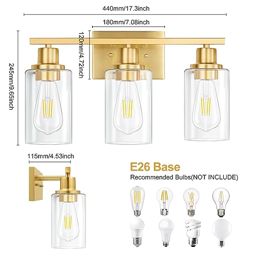 Image of Gold Bathroom Wall Lights Brushed Brass 3-Light Vanity Light Fixtures Modern Wall Sconces with Clear Glass Shade, Bathroom Wall Lamp for Mirror Kitchen Bedroom Hallway Cabinet Porch