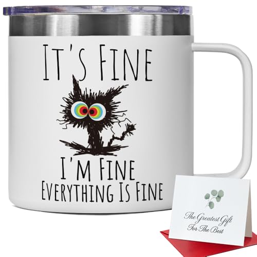 VLUG Fun Gag It's Fine I'm Fine Tumbler Cup Novelty Birthday Christmas Gift Mug for Coworker Cat Lover Women Men Friends, Funny Black Cat Gift for Work, Office, Parties, Stainless Steel 14oz