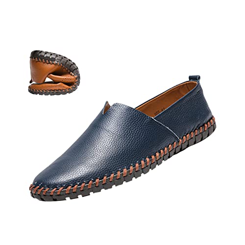 Men's Leather Slip-on Loafers,Lightweight Comfy Cutout Breathe Plain Toe Hand-Stitching Oxford Driving Casual Shoes