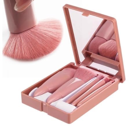 H&D PIPALIYA Portable 5 Piece Makeup Brushes Set Travel Makeup Brush Set with Makeup Mirror in Brush Case-Lip Brush Blending Powder, Eyeshadow, Foundation, Brush - Multicolor