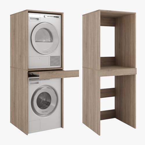 PLATAN ROOM Armoire pour machine à laver et sèche-linge avec plateau coulissant • Meuble pour machine à laver et sèche-linge • Armoire haute 187 x 65 x 66 cm...