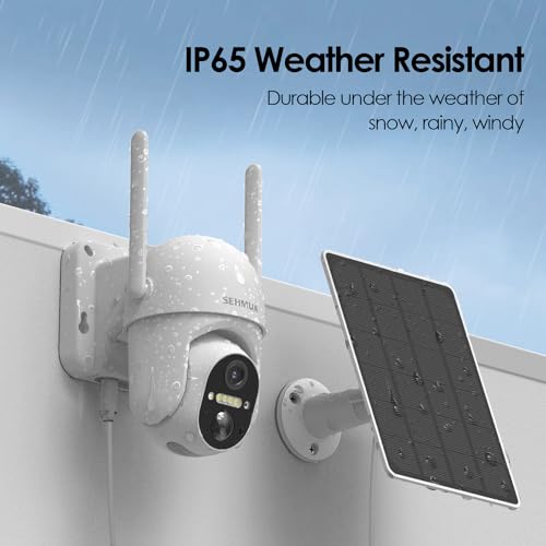 Image of SEHMUA Solar Security Cameras Wireless Outdoor, 2K 360 View Battery Powered Outdoor Camera, WiFi Home Security with Spotlight Color Night Vision, PIR Sensor, 128GB Memory Card Included, White