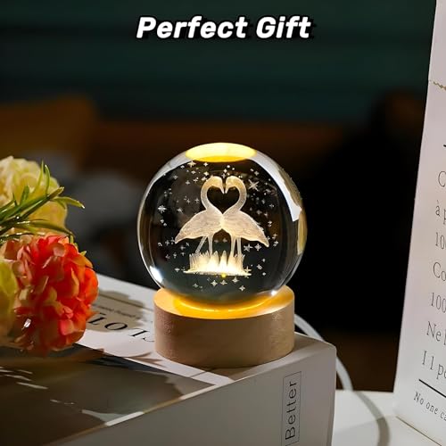 Image of 3D Crystal Ball LED Night Lamp with Wooden Base | Warm Light Bedside Table Lamp for Bedroom, Living Room, Kids Room, Study, Home Decoration & Gifting (K Flamingo)