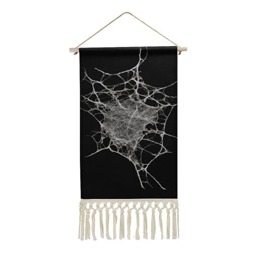 Jubonexis Arazzo da parete in lino, bianco irregolare, poster da parete vintage con nappa e asta in legno