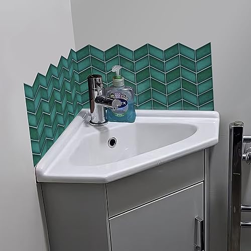 Image of WallDesign AquaGreen Chevron Tile Sticker - 2ft x 9.75 inch Waterproof Easy Clean Durable Vinyl Decorative Film for Kitchen Counter, Washbasin, Table, Wall, Cupboard-Self-Adhesive