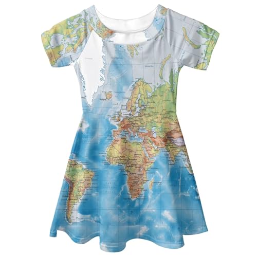 Girls Short Sleeve Dress Casual Twirly Crew Neck Dress Ruffle Swing A-line Summer Sundress for Toddler Kids