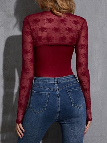 Image of JOKELAMB Women's Lace Mesh Bolero Shrug, Long Sleeve Crop Cardigan | Lace, Long Sleeve, Y2K, Floral,Adds Elegant Arm Coverage for Camisoles Dresses