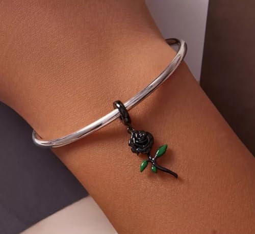 Abalorio de rosa negra compatible con pulsera Pandora plata 925 7