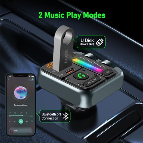 SOARUN Bluetooth Car Adapter - Bluetooth 5.3 FM Transmitter, PD 45W & QC3.0 12W Fast Car Charger, Wireless FM Stereo Radio Music Adapter [Hi-Fi Bass/Treble Roller], Hands-Free Calling/U-Disk - Thumbnail 5