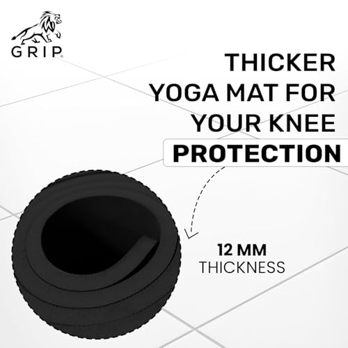 Image of GRIP Yoga Mat | Exercise Mat | 36 x 75 Inches | 12mm Thick | 7 Chakras Design | Anti-Slip | Home & Gym | Men & Women | Black Color