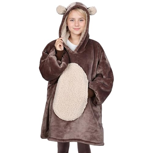 Solaris Bear Oversized Wearable Blanket Hoodie for Kids, Warm Soft Kids Gift, Super Cozy Sherpa Fleece Hoodie Sweatshirt Pullover for Teens, Girls, Boys, Brown