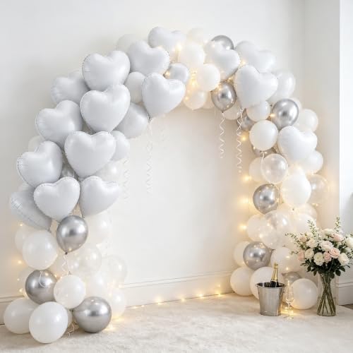 Image of 36 Pcs White Heart Balloons,18 Inch Heart Foil Balloons Valentine Balloon for Wedding Engagement Party Valentine Day Decorations