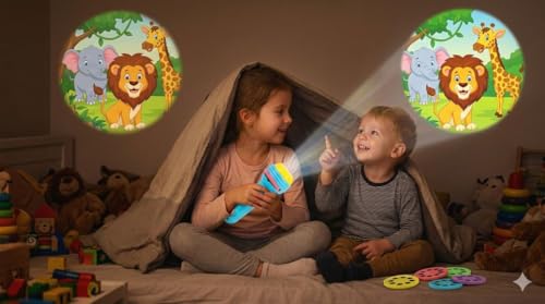 Image of Kids Projection Flashlight Torch Toy with 24 Picture Slides (3 Discs), Mini Projector Torch for Toddlers, Educational Light Toy for 1-3 Year Old Boys & Girls