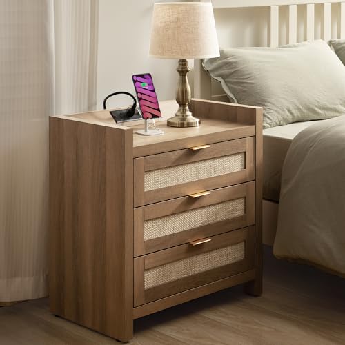 Image of SICOTAS Larger Rattan Night Stand - Tall Nightstands with Type-C Charging Station, 3 Storage Drawers, Boho Bedside Table End Table with Storage for Bedroom Sofa Couch Office - Natural Oak