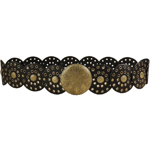 Western-Wide-Disc-Leather-Belt-Womens - Vintage Rivet Belts Concho-Punk-Boho-Hollow-Waist-Belt for Dress Jeans