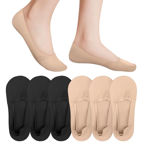 6 Pack Invisible Socks for Women Non Slip Low Cut Invisible Liner Footies Thin Silk Socks for Flats Loafers Lightweight Low Cut Liner Non Slip Hidden for Women [3nude+3black]