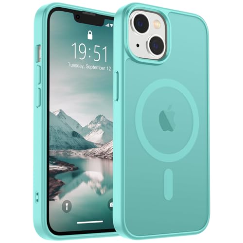 Image of SUPFINE Magnetic for iPhone 14 Case & iPhone 13 Case (Compatible with MagSafe)(Military Grade Drop Protection) Slim Translucent Matte Shockproof Phone Cover,Blue Green