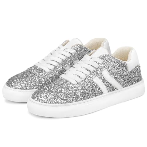 Image of Suokdil Sparkle Rhinestone Sneakers for Women - Bling Fashion Bedazzled Platform Tennis Shoes - White Glitter Sequin Wedding and Party Shoe