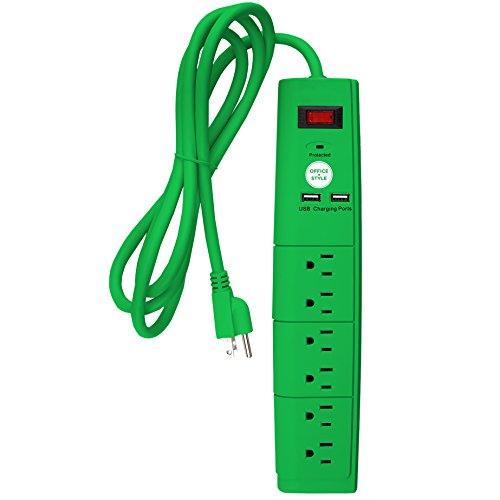 Office + Style 6 Outlet Surge Protector with Dual USB Ports and 6 Ft Cord, Green