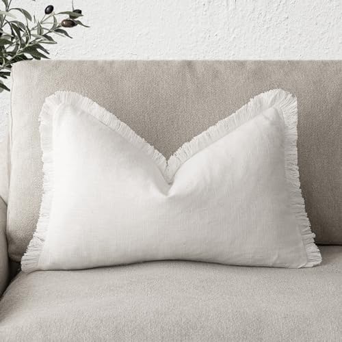 Image of Foindtower Decorative Linen Fringe Lumbar Throw Pillow Covers Cozy Boho Farmhouse Cushion Cover with Tassel Soft Accent Pillowcase for Sofa Bed Living Room Home Decor, 12x20 Inch, 1PC, Cream White