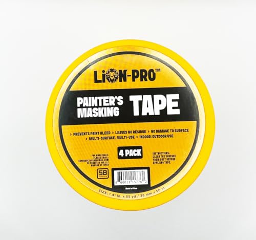 Image of Lion-Pro Painter's Masking Tape, 2 Inch Wide (2 in. x 55 Yds), Professional-Grade, High Adhesion, Ideal for Multi-Surface Use, 4 Rolls (4, Chrome Yellow, 2 INCH)