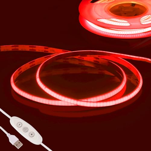 Rood COB LED Strip Licht,Fosingut 5V 2m USB TV-achtergrondverlichting,960LEDs CRI90+ 4mm Dimbare Flexibel COB-ledband LED Lint voor Spiegel,Keuken Kast,Kledingkast,Auto,Slaapkamer DIY