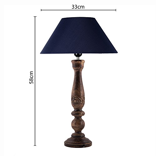 Image of Homesake Handcrafted Wooden Table Lamp for Bedroom & Living Room | Decorative Bedside Reading Lamp with Fabric Shade, E27 Holder | Bulb Included | Black Floral Carved Base for Home Decor, Blue Cone