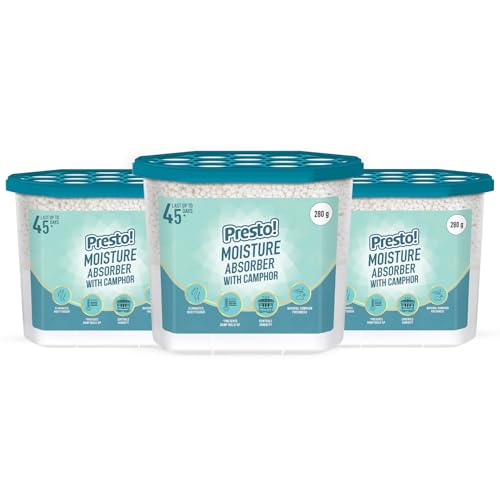 Image of Amazon Brand - Presto! Moisture Absorber with Camphor | 280g x Pack of 3 | Absorbs Upto 600Ml Each | Eliminates Musty Odour | Lasts Upto 45 Days