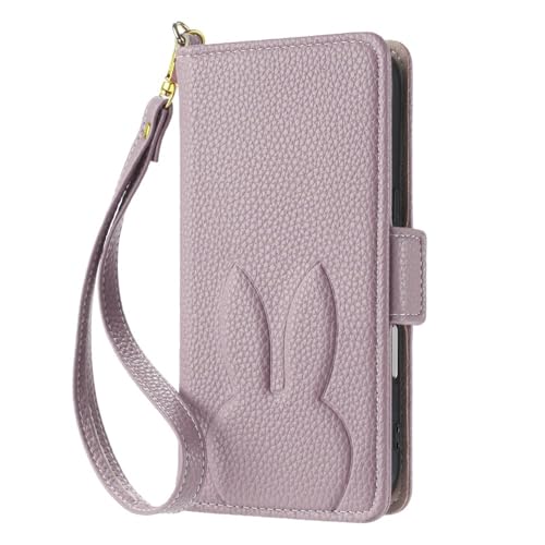 Étui iPhone 17 Pro Max avec rabat en cuir violet protection portefeuille motif lapin mignon