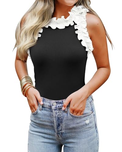 Image of WAYMAKER Women's Sleeveless Racer Back Ruffle Mock Turtle Neck Ribbed Bodysuit Tank Tops
