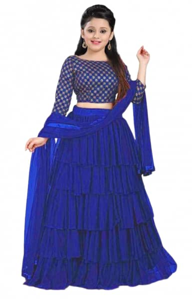 Image of RAINBOW CREATION Girl's Net Solid Reffel Work Lehenga Choli with Dupatta Unstitched Blouse