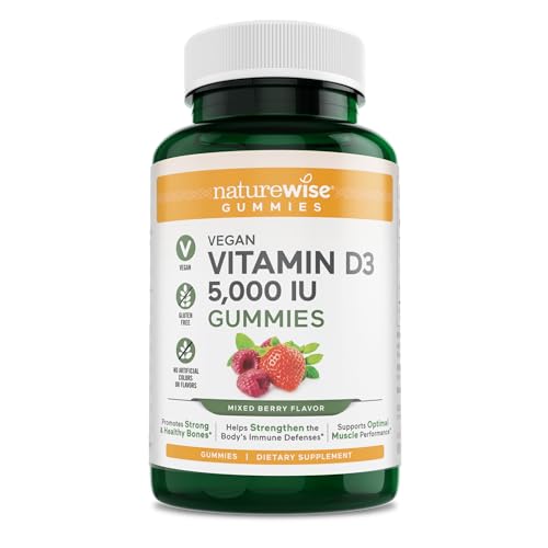 NatureWise Vegan Vitamin D3 5,000 IU Gummies - No Artificial Flavors or Colors, Supports Immune System & Strong Bones - Gluten Free - Delicious Mixed Berry Flavored - 180 Gummies (90-Day Supply)
