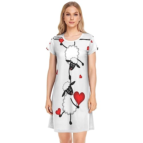 Two Sheep Little Lambs Hanging on Washing Line with Red Hearts Women's Modal Cotton Sleeping Dress, Crewneck Sleepwear, Soft Nightgowns, Sleepshirts Casual Nightwear Loungewear (X-Large)