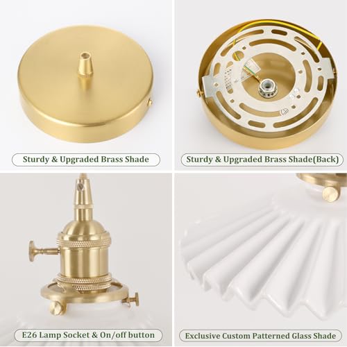 Image of Shenmoyl Pendant Light with White Pleated Ceramic Lmapshade, Brass Vintage Pendant Light Adjustable Hanging Light for Kitchen Island Dining Room Hallway