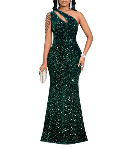 Cololura Women Sequin Elegant Sexy One Shoulder Tassel Oblique Collar Mermaid Bodycon Cocktail Evening Dress Green
