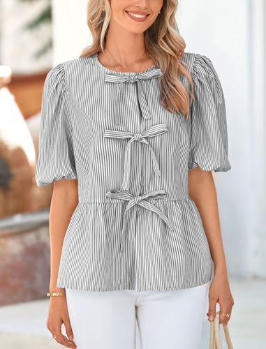 PRETTYGARDEN Women's Tie Front Striped Shirt 2025 Summer Trendy Fashion Cute Babydoll Tops Peplum Puffy Sleeve Blouse4