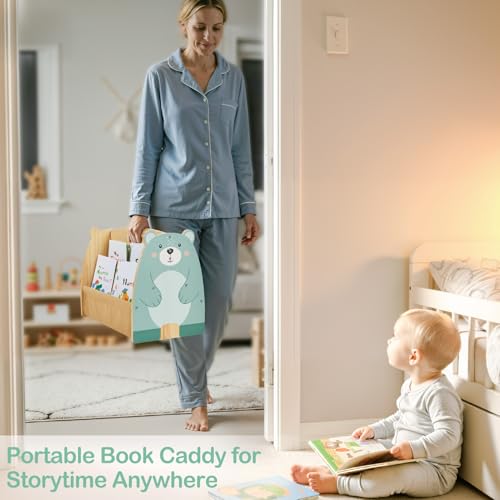 Image of Toddler Bookshelf Double-Sided with 4 Tier Deep Sleeves Kids Wooden Montessori Book Rack for Baby Nursery Room, Playroom, Classroom or Bedroom Bookcase Storage Organizer, Green Bear