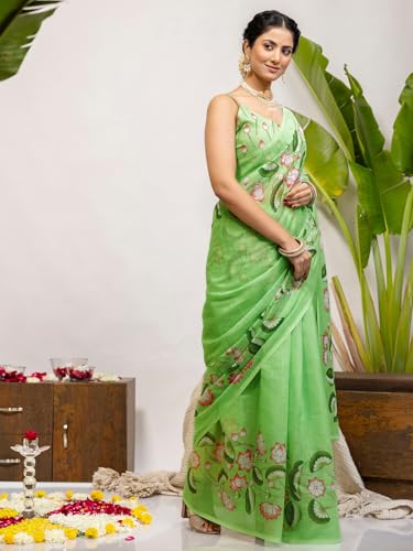 Image of SIRIL Women's Cotton Linen Printed Saree With Unstitched Blouse Piece