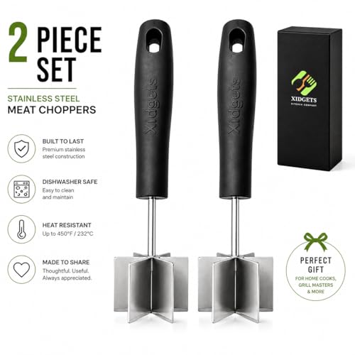 Image of 2pc Large Stainless Steel Meat Chopper, Masher & Cocktail Muddler | Dishwasher Safe | 6-Blade Chopper Tool | Oversized Ergonomic Handle | Heat Resistant Grip | 2 x 10 inch black