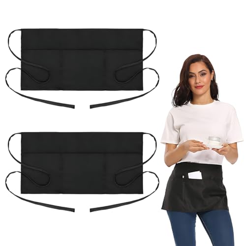 Lot de 2 tabliers, tabliers de cuisine, tablier noir, serveur, avec 3 poches, pour homme, femme, restaurant, bar, cuisine, tablier de cuisine, tablier pour femme
