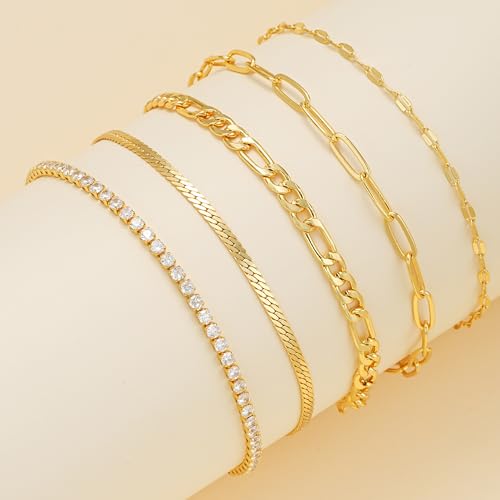Image of iF YOU Gold Ankle Bracelets for Women, 14k Gold Plated Waterproof Cuban Link Chain Anklets Set, Layered Anklet Bracelets for Women Beach Gift Adjustable Size 5pcs