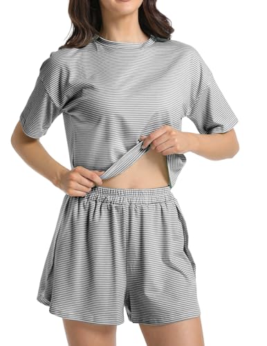 Image of Split Short Pajama Set Soft Women's Striped Pajama Sleeve Tee & Elastic Waist Shorts Lounge Sleepwear