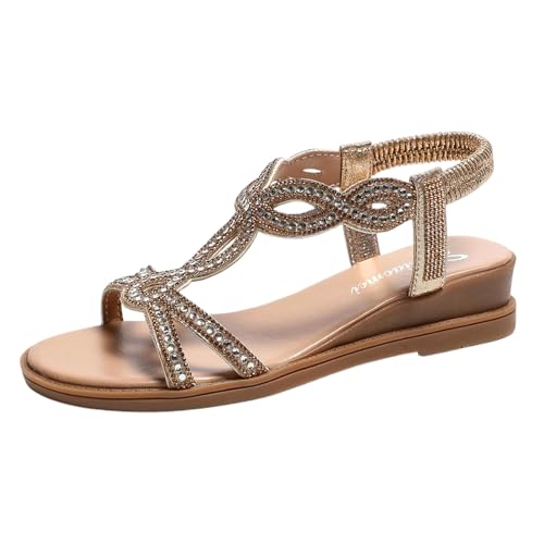 Chaussures d'été femme plates dorées avec strass et lanières asymétriques 40