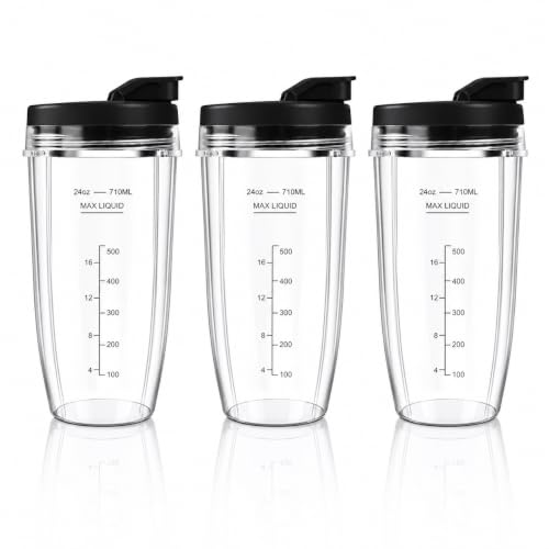 Blender Cups Replacement for Ninja, 24oz Ninja Blender Cups with To-Go Lids Compatible with Ninja BN401, BL450, BL456, BL480, BL2012, BL2013, BN751, BN801, SS101, SS151 (3 Pack)
