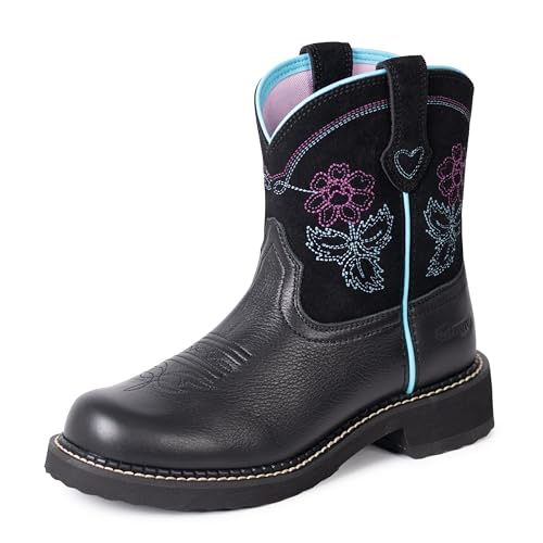 Cowboy Boots for Women Round Toe Ankle Western Cowgirl Boots Pull On Embroidered Full Grain Leather