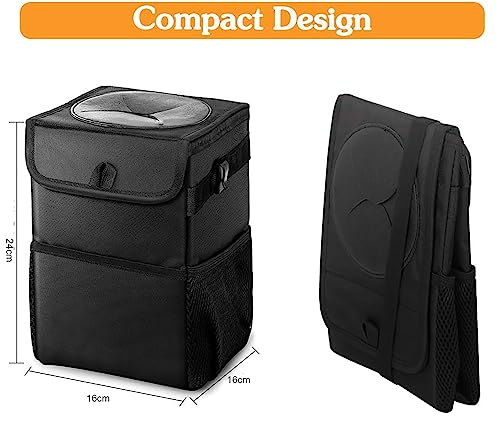 Image of House of Quirk Polyester Manual-Lift Car Trash Can With Foldable Lid And Storage Pockets, Leak-Proof Car Storge Bag,Car Garbage Can, Multipurpose Hanging Bag For Car (Small, Black)