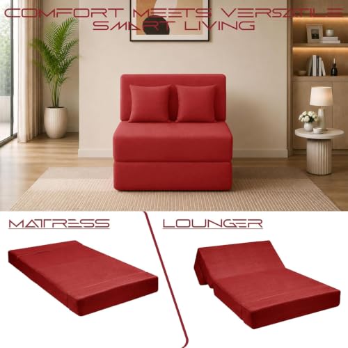 Image of Los Angeles Foldable 1 Seater Sofa Cums Bed, Sofa Bed 3 X 6 Feet Jute Fabric Washable Cover- Including Cushion Perfect for Living Room - Red Color