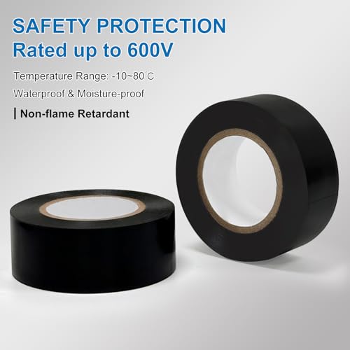 Image of Electrical Tape 3 /4 inch x 66FT - 8 Rolls Black Electrical Tape | Electrical Insulating Tape, Voltage Level 600V, Indoor Outdoor Electric Tape for Wire and Cable